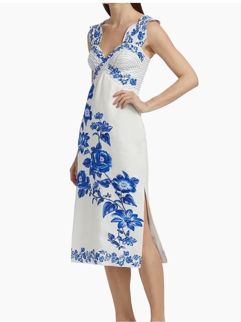 Farm Rio Blue Porcelain Floral Linen Midi Dress NWT